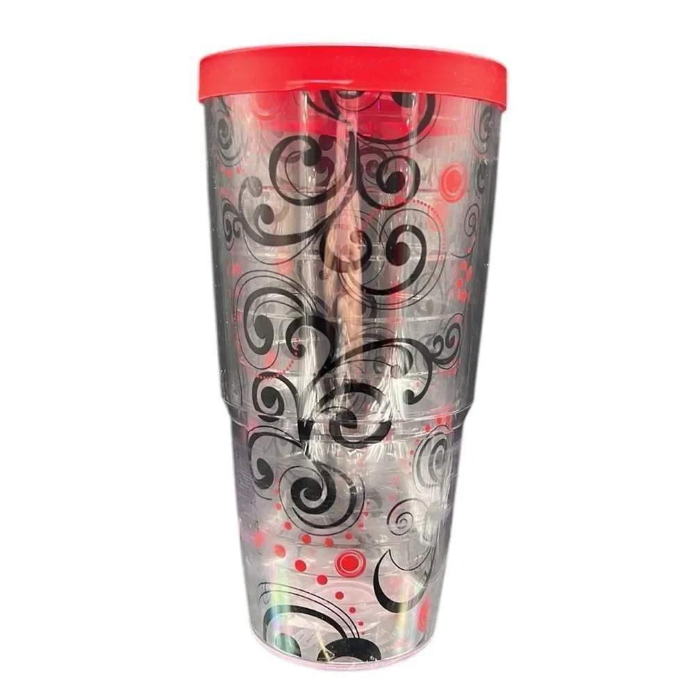 Tervis Tumbler 24oz Berry Swirlwind Clear Red Lid Hot or Cold Beverage Cup READ